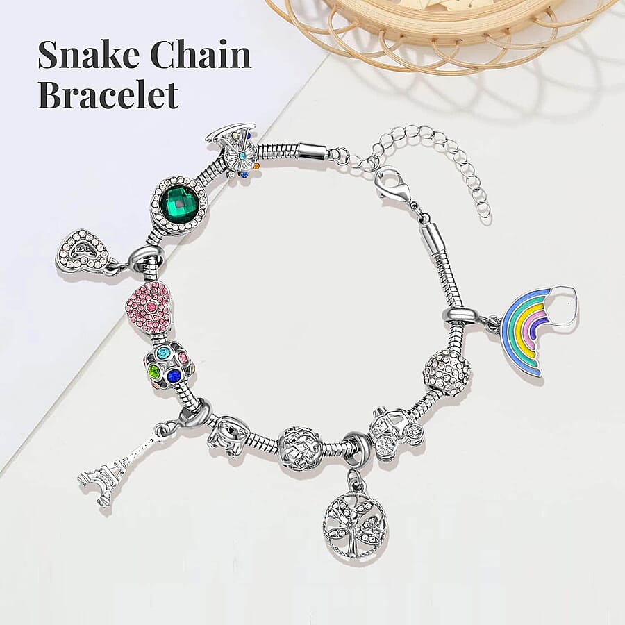 Gift Set of 2 - Snake Chain Bracelet with Interchangeable 12 pcs Charms with Crystal in Silvertone (7.0-9.0In)