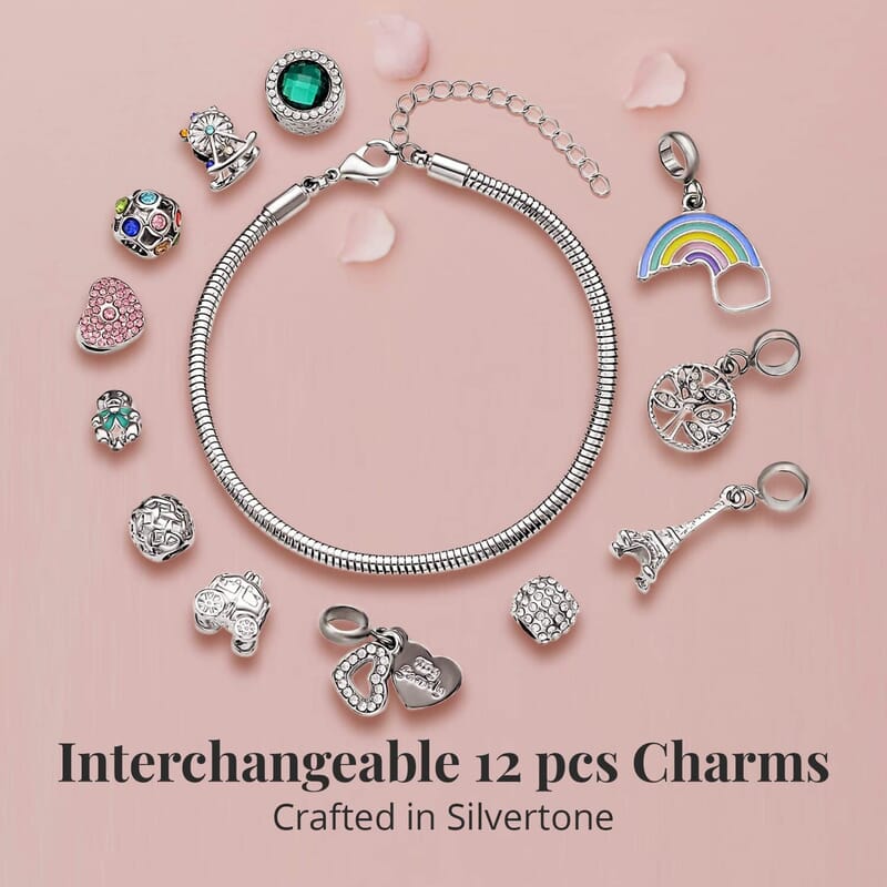 Gift Set of 2 - Snake Chain Bracelet with Interchangeable 12 pcs Charms with Crystal in Silvertone (7.0-9.0In)