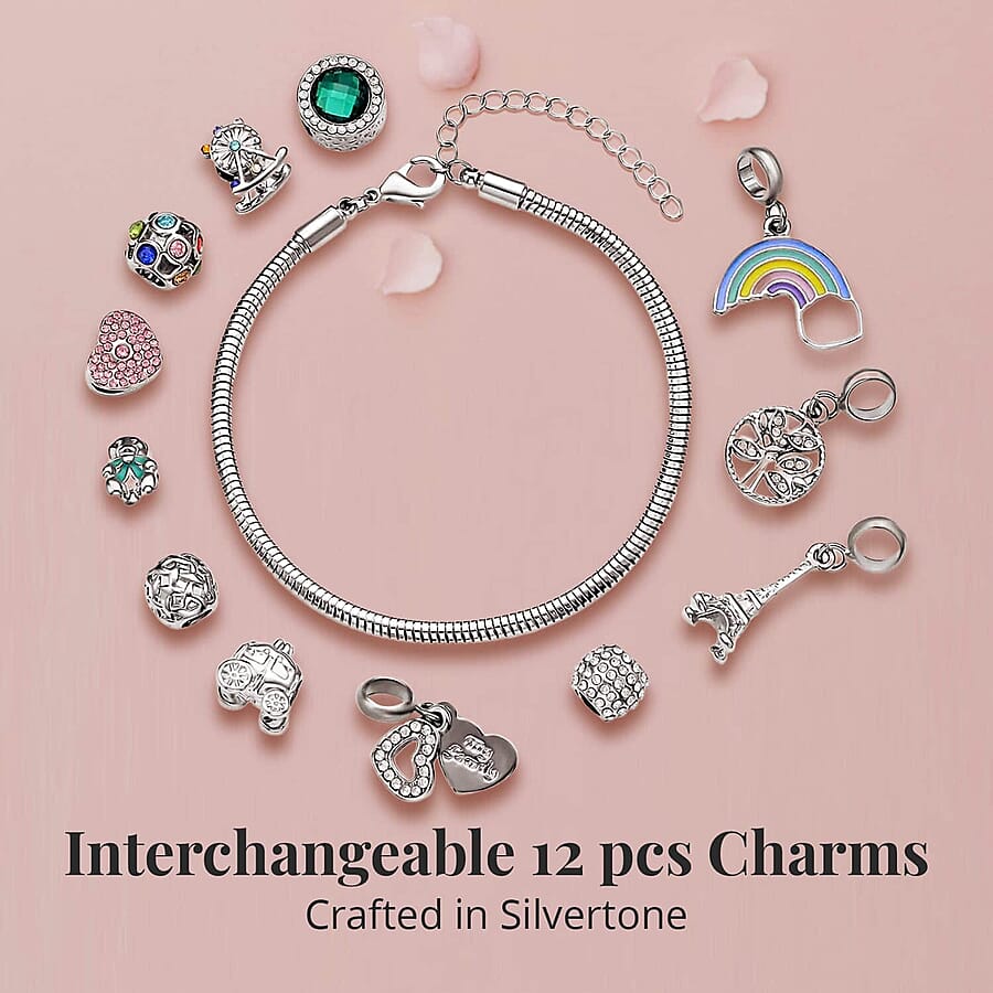 Gift Set of 2 - Snake Chain Bracelet with Interchangeable 12 pcs Charms with Crystal in Silvertone (7.0-9.0In)