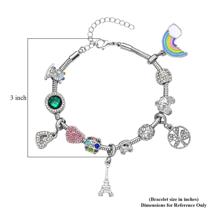 Gift Set of 2 - Snake Chain Bracelet with Interchangeable 12 pcs Charms with Crystal in Silvertone (7.0-9.0In)