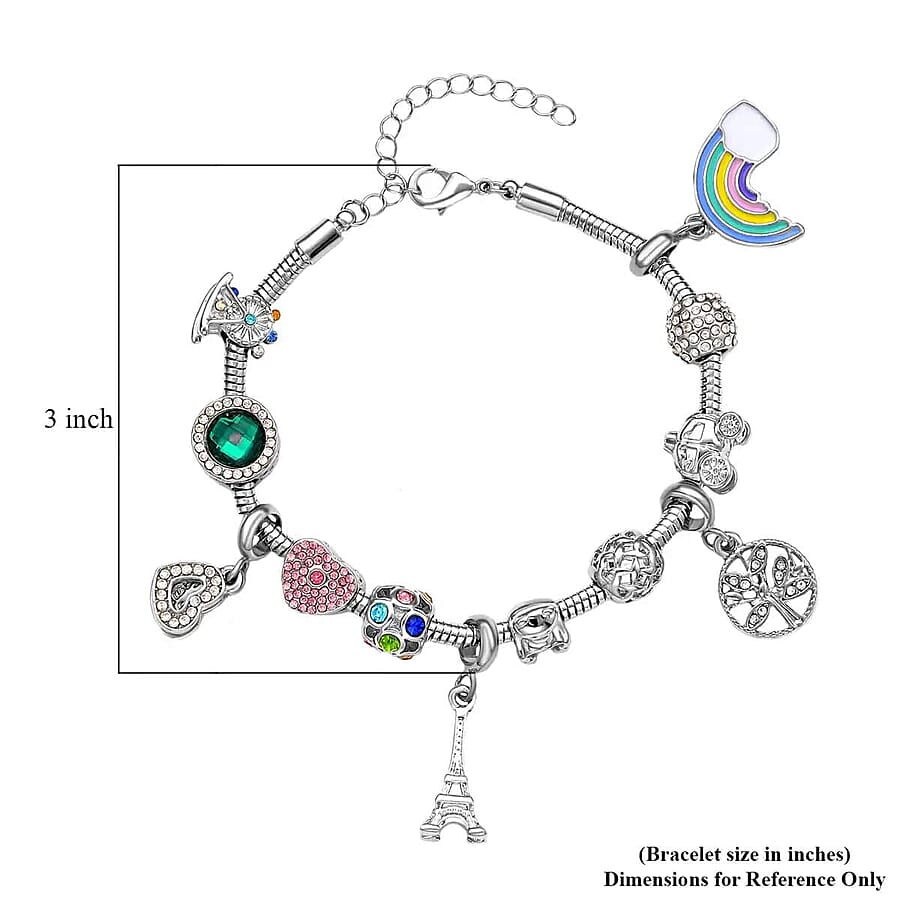 Gift Set of 2 - Snake Chain Bracelet with Interchangeable 12 pcs Charms with Crystal in Silvertone (7.0-9.0In)