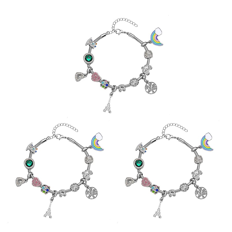 Gift Set of 2 - Snake Chain Bracelet with Interchangeable 12 pcs Charms with Crystal in Silvertone (7.0-9.0In)
