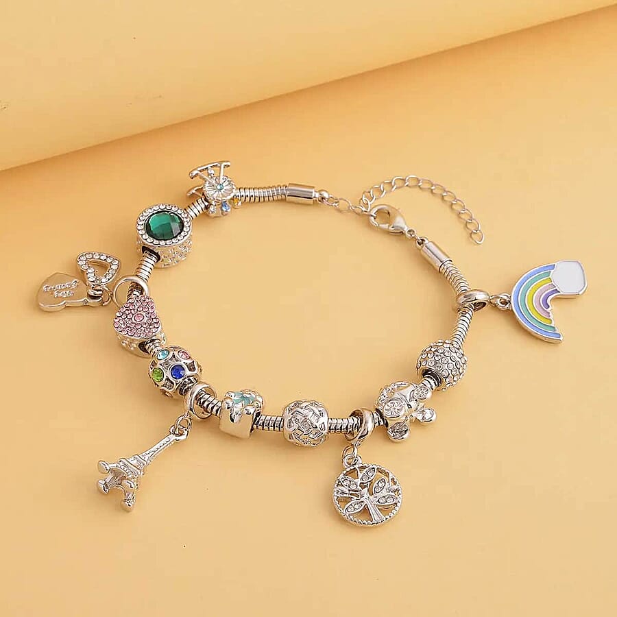Gift Set of 2 - Snake Chain Bracelet with Interchangeable 12 pcs Charms with Crystal in Silvertone (7.0-9.0In)