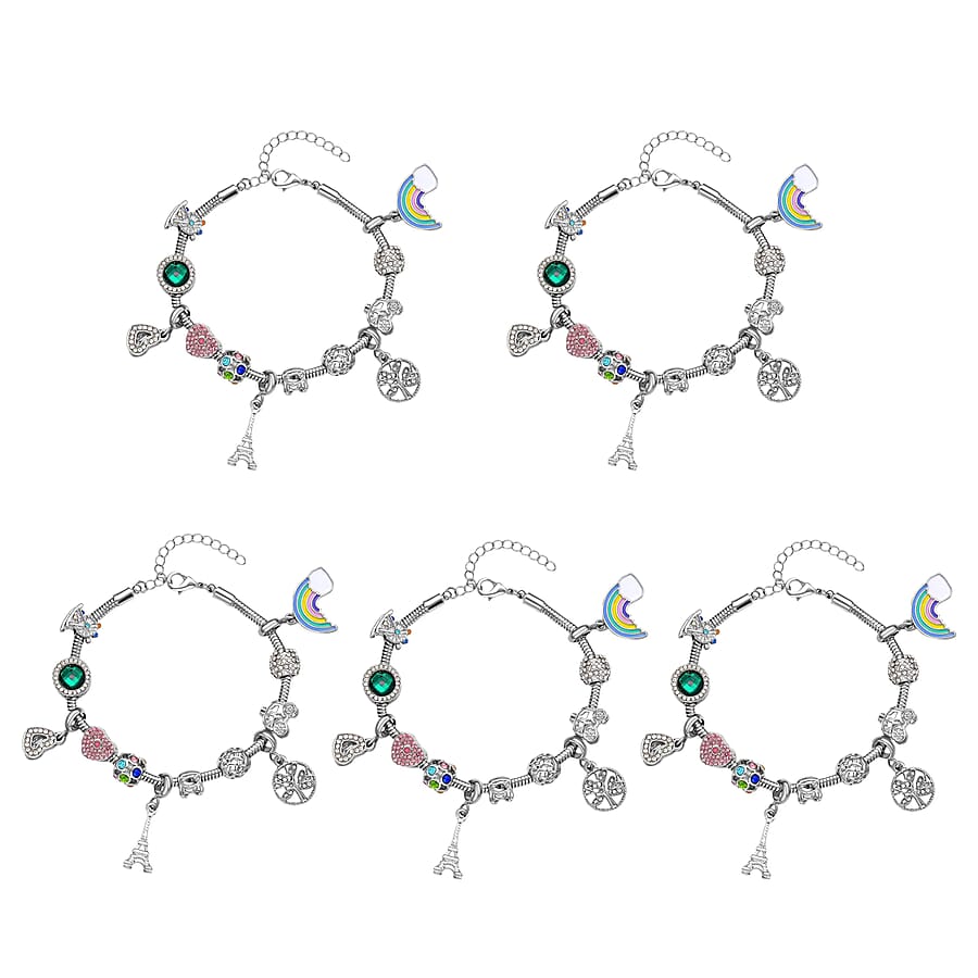 Gift Set of 2 - Snake Chain Bracelet with Interchangeable 12 pcs Charms with Crystal in Silvertone (7.0-9.0In)