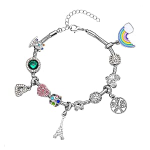 Gift Set of 5 - Snake Chain Bracelet with Interchangeable 12 pcs Charms with Crystal in Silvertone (7.0-9.0In)