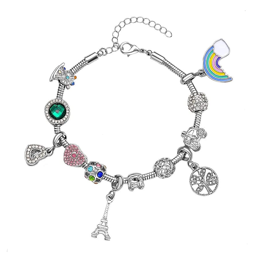 Gift Set of 2 - Snake Chain Bracelet with Interchangeable 12 pcs Charms with Crystal in Silvertone (7.0-9.0In)