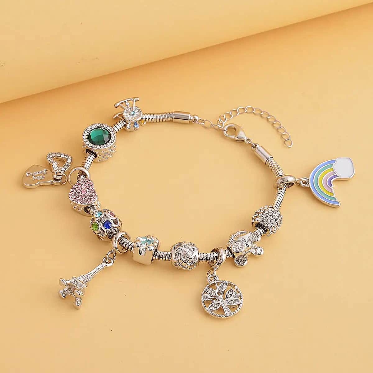 Gift Set of 5 - Snake Chain Bracelet with Interchangeable 12 pcs Charms with Crystal in Silvertone (7.0-9.0In) image number 2