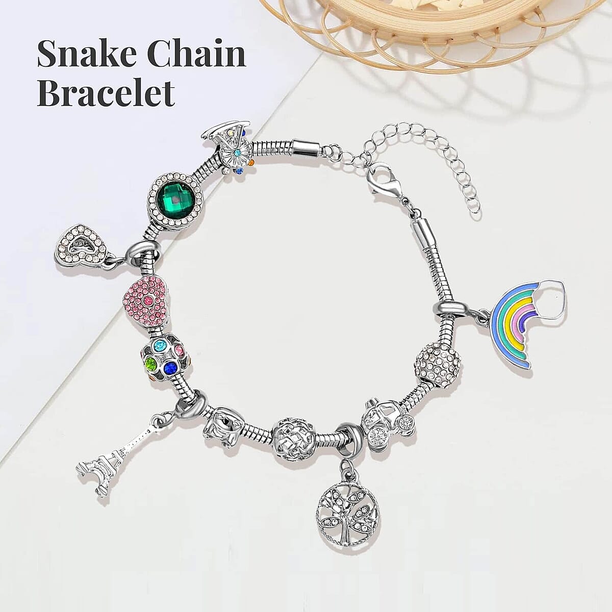 Gift Set of 5 - Snake Chain Bracelet with Interchangeable 12 pcs Charms with Crystal in Silvertone (7.0-9.0In) image number 3