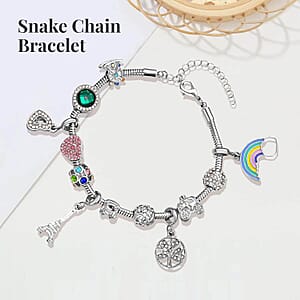 Gift Set of 5 - Snake Chain Bracelet with Interchangeable 12 pcs Charms with Crystal in Silvertone (7.0-9.0In)