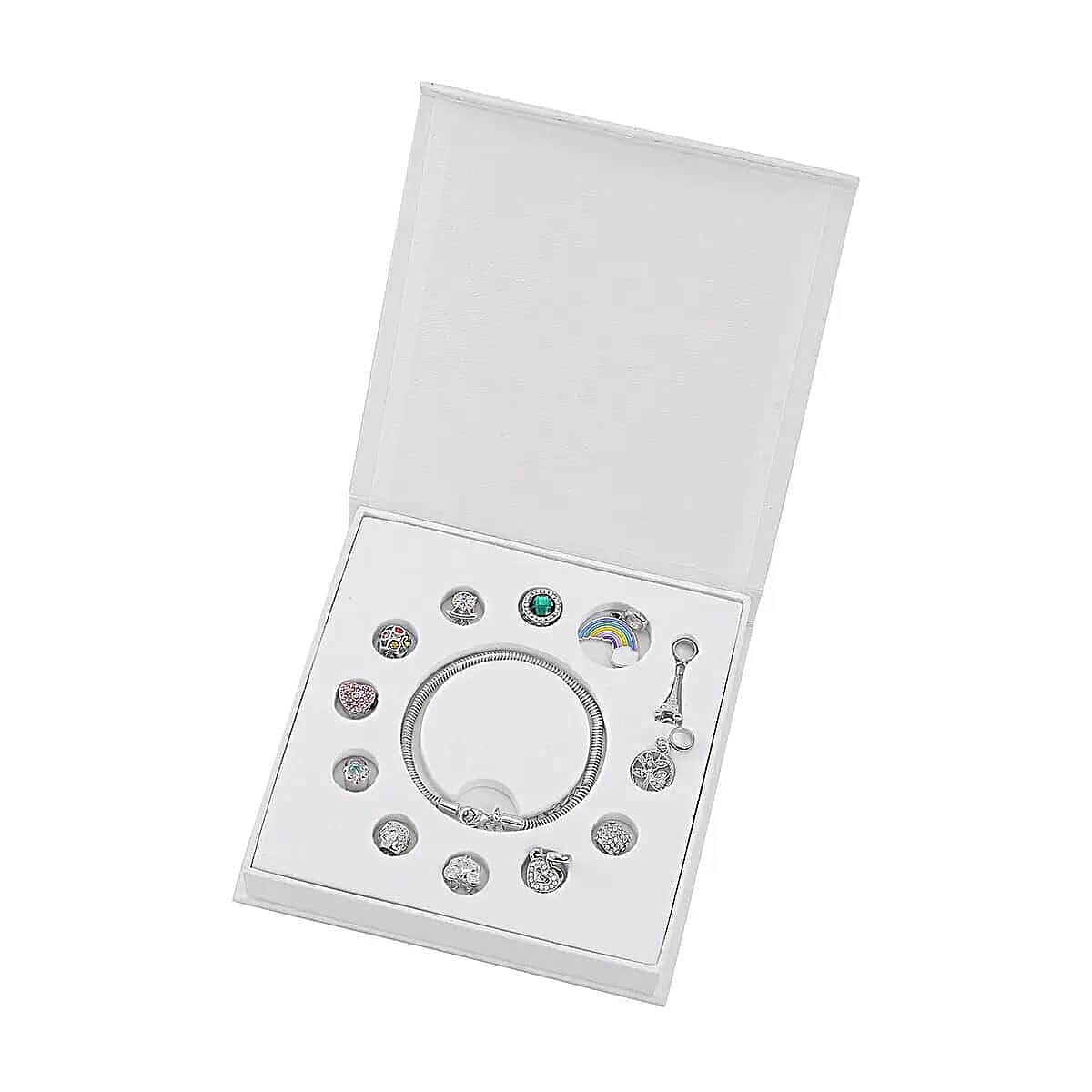 Gift Set of 5 - Snake Chain Bracelet with Interchangeable 12 pcs Charms with Crystal in Silvertone (7.0-9.0In) image number 6