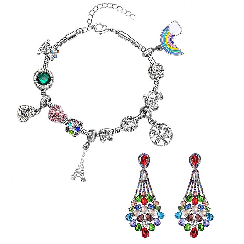 Gift Set - Multi Color Austrian Crystal Snake Chain Bracelet with Interchangeable 12 pcs Charms (7.0-9.0In) and Earrings in Silvertone