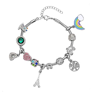 Gift Set - Multi Color Austrian Crystal Snake Chain Bracelet with Interchangeable 12 pcs Charms (7.0-9.0In) and Earrings in Silvertone