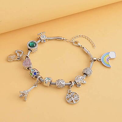 Gift Set - Multi Color Austrian Crystal Snake Chain Bracelet with Interchangeable 12 pcs Charms (7.0-9.0In) and Earrings in Silvertone