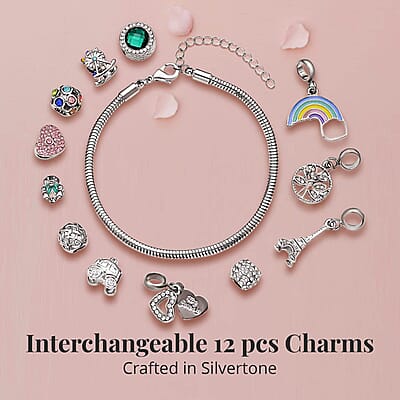 Gift Set - Multi Color Austrian Crystal Snake Chain Bracelet with Interchangeable 12 pcs Charms (7.0-9.0In) and Earrings in Silvertone