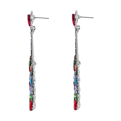 Gift Set - Multi Color Austrian Crystal Snake Chain Bracelet with Interchangeable 12 pcs Charms (7.0-9.0In) and Earrings in Silvertone