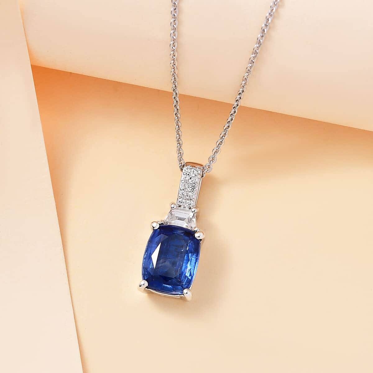 Kasmir Kyanite, White Zircon Pendant Necklace (20 Inches) in Rhodium Over Sterling Silver 3.10 ctw image number 1