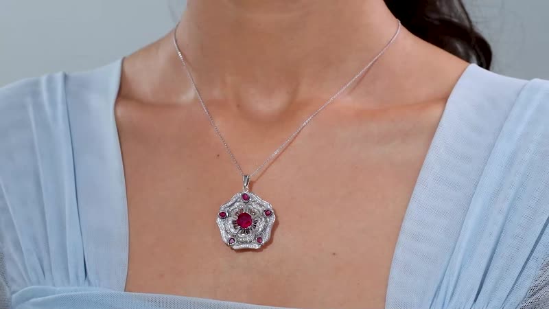 GP Italian Garden Collection Niassa Ruby (FF) and White Zircon 7.40 ctw Pendant Necklace in Rhodium Over Sterling Silver 20 Inches