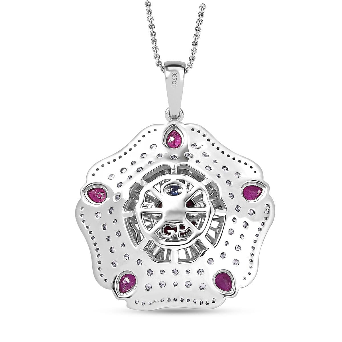 GP Italian Garden Collection Niassa Ruby (FF) and White Zircon 7.40 ctw Pendant Necklace in Rhodium Over Sterling Silver 20 Inches