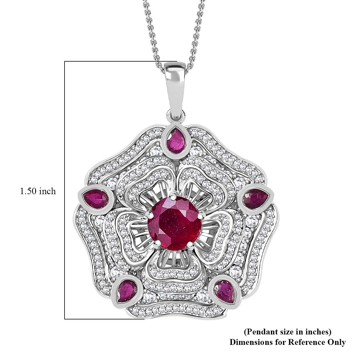 GP Italian Garden Collection Niassa Ruby (FF) and White Zircon 7.40 ctw Pendant Necklace in Rhodium Over Sterling Silver 20 Inches
