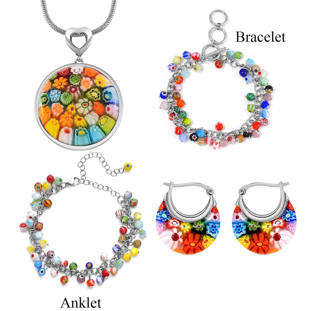 Set of 4 Multi Color Murano Style Beaded Charm Anklet (9-11 Inches), Bracelet, Basket Earrings and Pendant Necklace 24 Inches in Stainless Steel image number 0