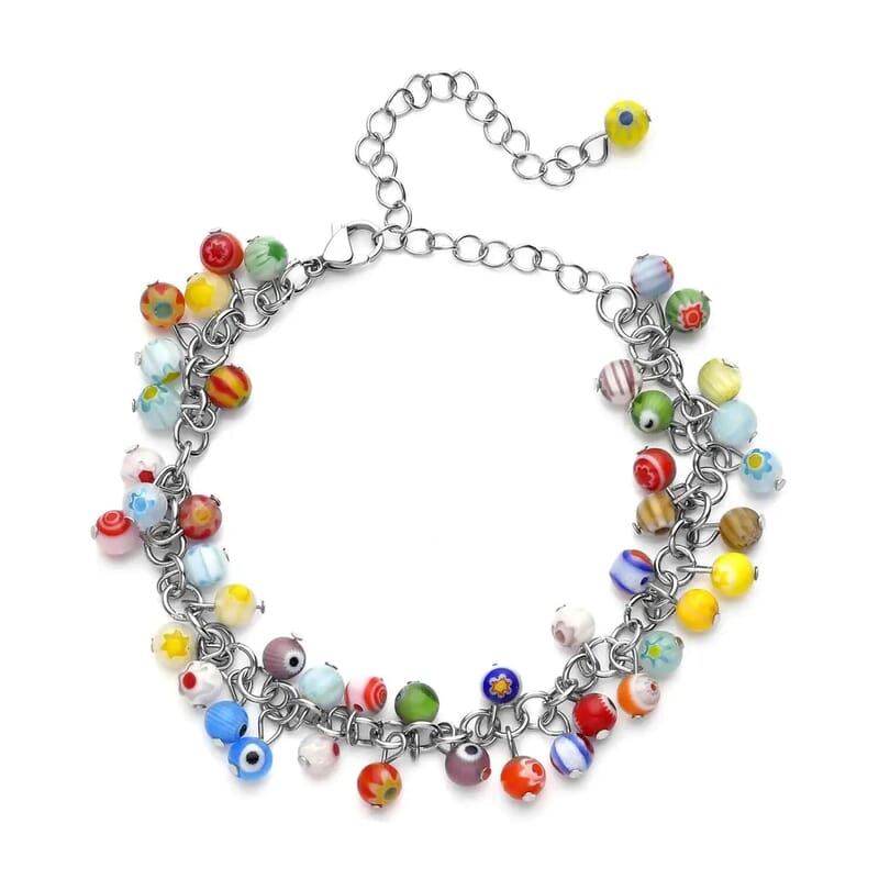 Set of 4 Multi Color Murano Style Beaded Charm Anklet (9-11 Inches), Bracelet, Basket Earrings and Pendant Necklace 24 Inches in Stainless Steel