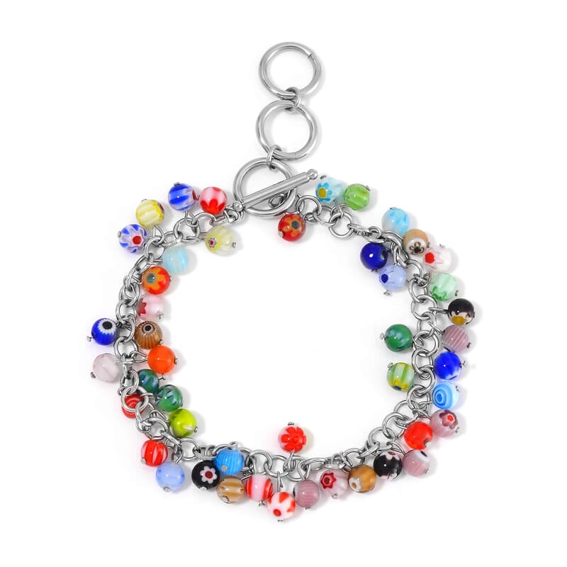 Set of 4 Multi Color Murano Style Beaded Charm Anklet (9-11 Inches), Bracelet, Basket Earrings and Pendant Necklace 24 Inches in Stainless Steel