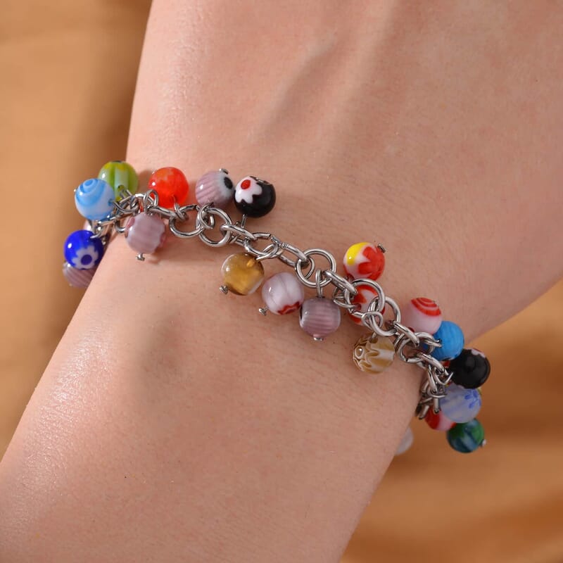 Set of 4 Multi Color Murano Style Beaded Charm Anklet (9-11 Inches), Bracelet, Basket Earrings and Pendant Necklace 24 Inches in Stainless Steel