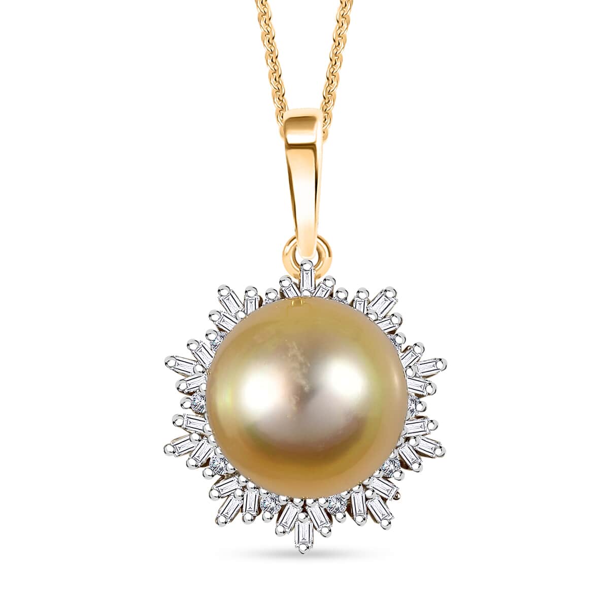 South Sea Golden Pearl 11-12mm and Diamond 0.30 ctw Sunburst Pendant Necklace in 18K Vermeil Yellow Gold Over Sterling Silver 20 Inches image number 0