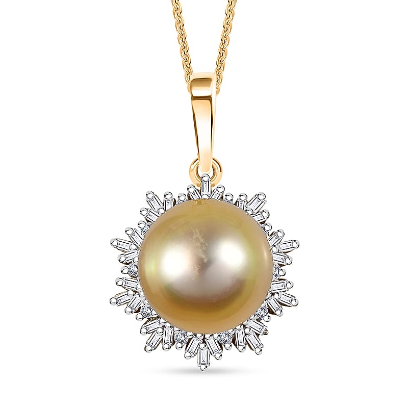 South Sea Golden Pearl 11-12mm and Diamond 0.30 ctw Sunburst Pendant Necklace in 18K Vermeil Yellow Gold Over Sterling Silver 20 Inches
