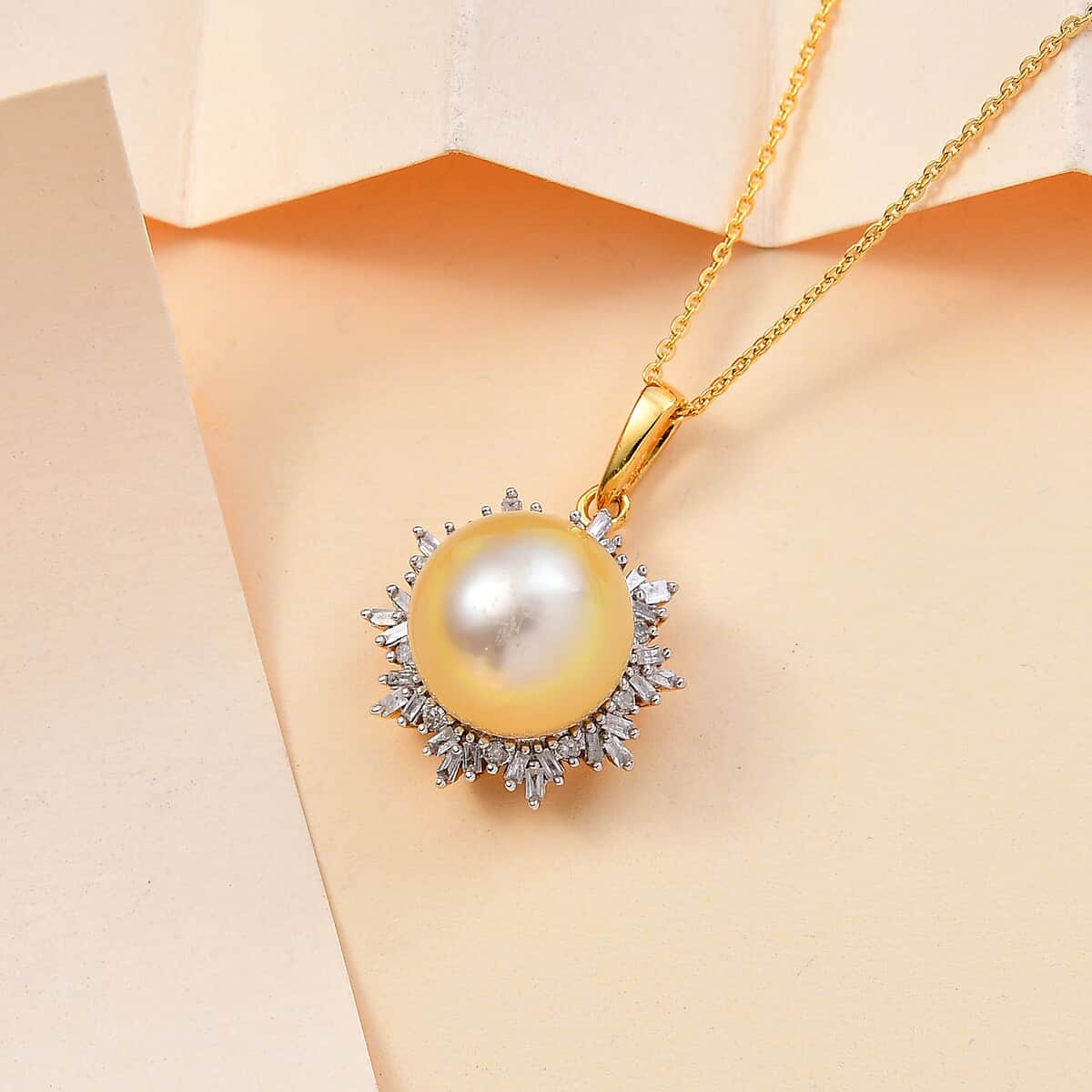 South Sea Golden Pearl 11-12mm and Diamond 0.30 ctw Sunburst Pendant Necklace in 18K Vermeil Yellow Gold Over Sterling Silver 20 Inches image number 1