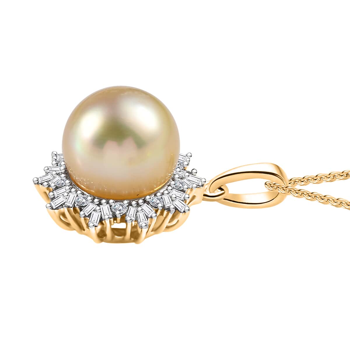 South Sea Golden Pearl 11-12mm and Diamond 0.30 ctw Sunburst Pendant Necklace in 18K Vermeil Yellow Gold Over Sterling Silver 20 Inches image number 3