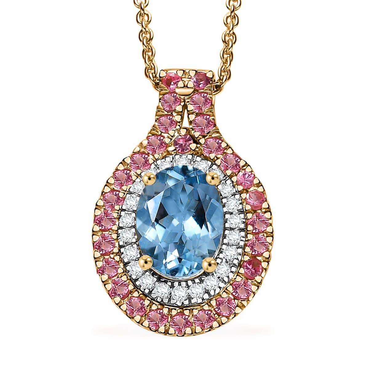 Certified & Appraised Luxoro AAA Santa Maria Aquamarine, Mahenge Spinel and I2 Diamond 1.80 ctw Double Halo Pendant Necklace in 14K Yellow Gold 20 Inches image number 0