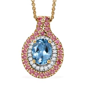 Certified & Appraised Luxoro AAA Santa Maria Aquamarine, Mahenge Spinel and I2 Diamond 1.80 ctw Double Halo Pendant Necklace in 14K Yellow Gold 20 Inches