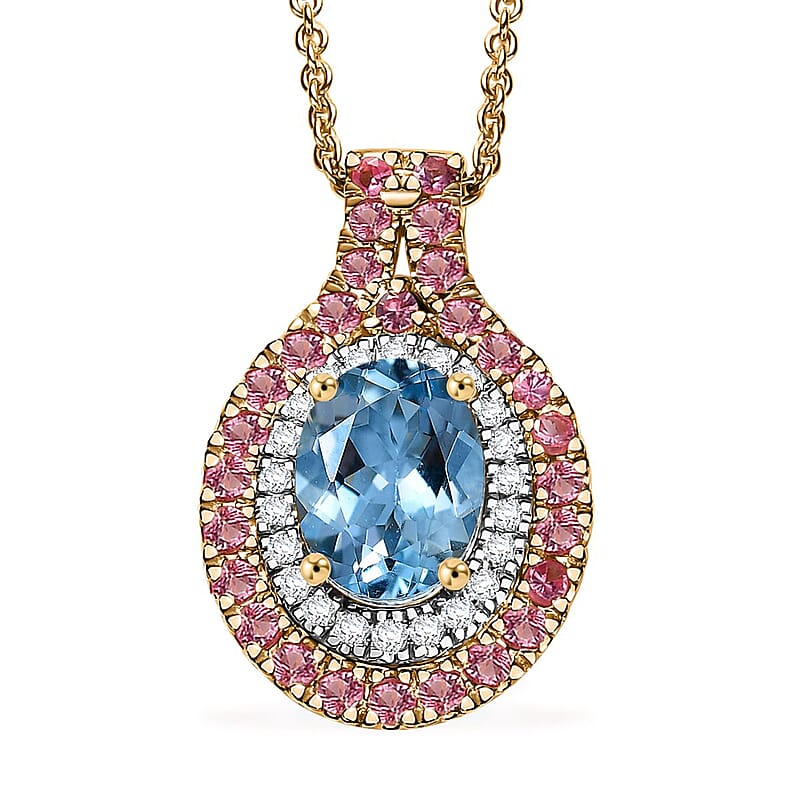 Certified & Appraised Luxoro AAA Santa Maria Aquamarine, Mahenge Spinel and I2 Diamond 1.80 ctw Double Halo Pendant Necklace in 14K Yellow Gold 20 Inches