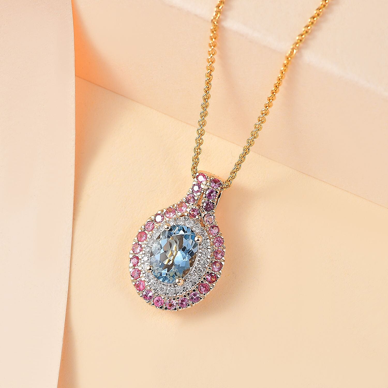 Certified & Appraised Luxoro AAA Santa Maria Aquamarine, Mahenge Spinel and I2 Diamond 1.80 ctw Double Halo Pendant Necklace in 14K Yellow Gold 20 Inches