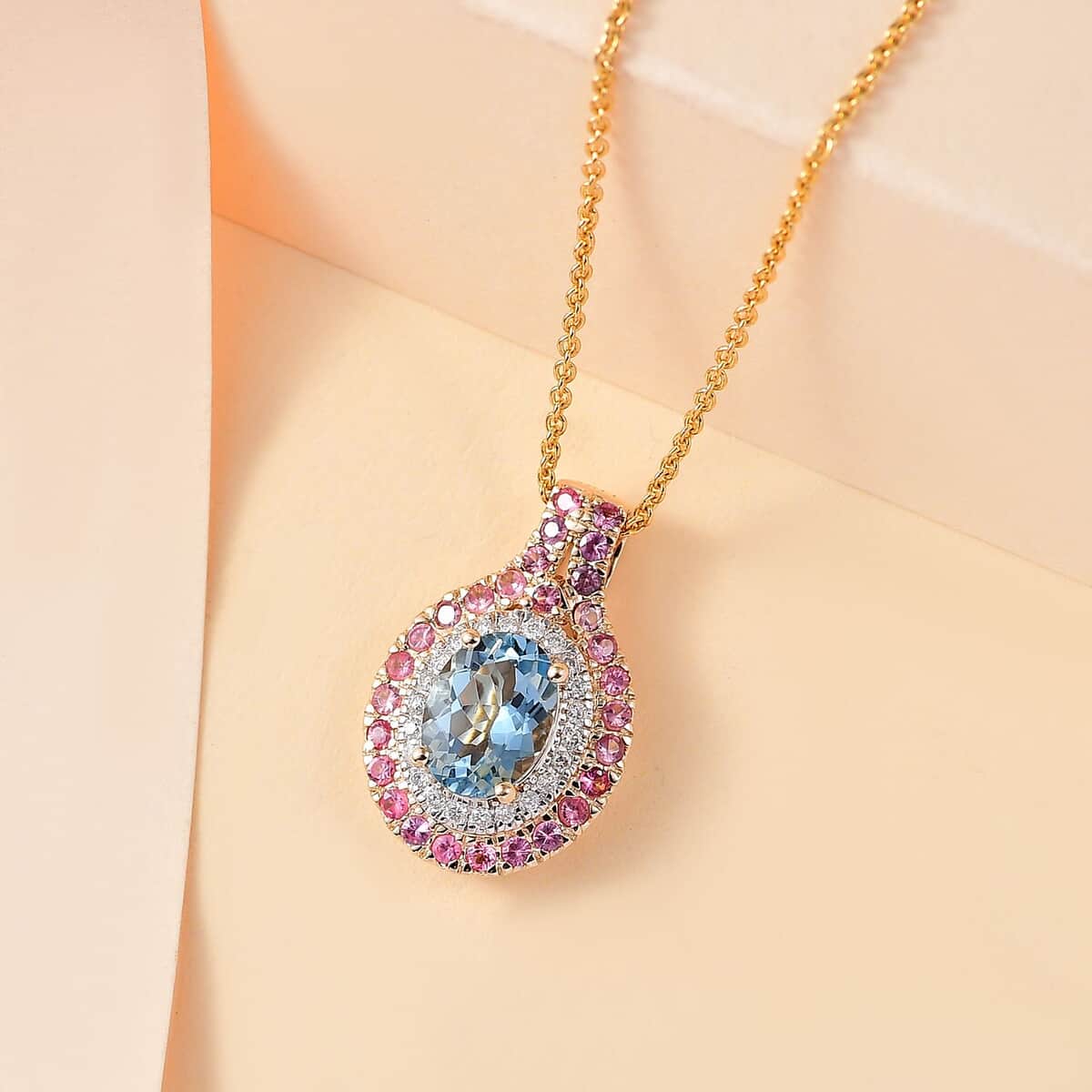 Certified & Appraised Luxoro AAA Santa Maria Aquamarine, Mahenge Spinel and I2 Diamond 1.80 ctw Double Halo Pendant Necklace in 14K Yellow Gold 20 Inches image number 1