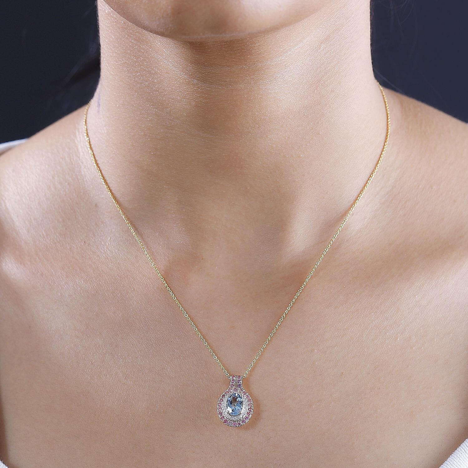 Certified & Appraised Luxoro AAA Santa Maria Aquamarine, Mahenge Spinel and I2 Diamond 1.80 ctw Double Halo Pendant Necklace in 14K Yellow Gold 20 Inches