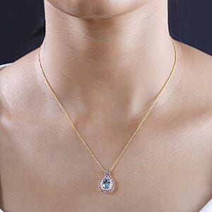 Certified & Appraised Luxoro AAA Santa Maria Aquamarine, Mahenge Spinel and I2 Diamond 1.80 ctw Double Halo Pendant Necklace in 14K Yellow Gold 20 Inches