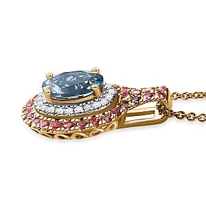 Certified & Appraised Luxoro AAA Santa Maria Aquamarine, Mahenge Spinel and I2 Diamond 1.80 ctw Double Halo Pendant Necklace in 14K Yellow Gold 20 Inches