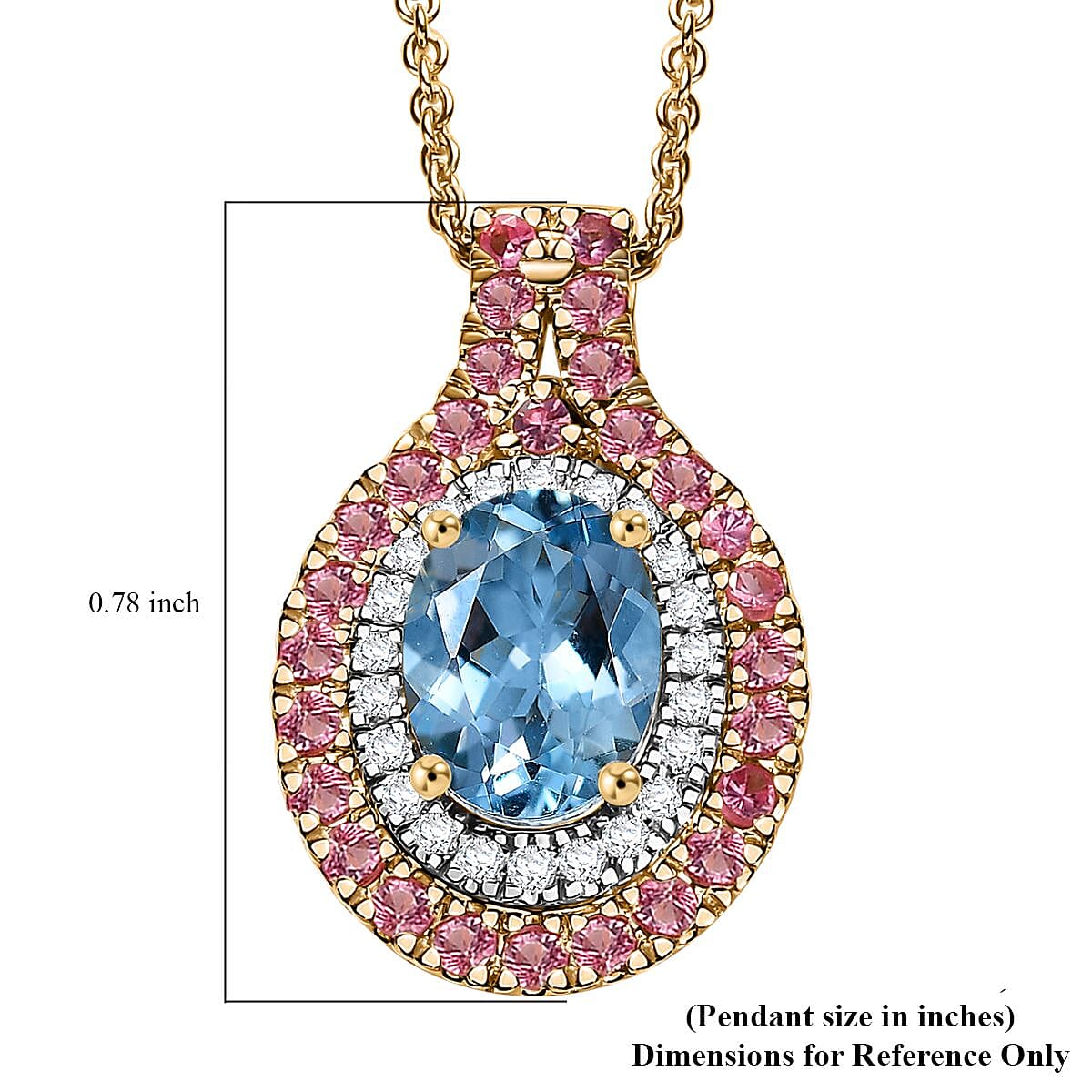 Certified & Appraised Luxoro AAA Santa Maria Aquamarine, Mahenge Spinel and I2 Diamond 1.80 ctw Double Halo Pendant Necklace in 14K Yellow Gold 20 Inches