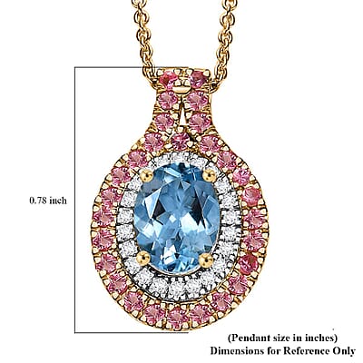 Certified & Appraised Luxoro AAA Santa Maria Aquamarine, Mahenge Spinel and I2 Diamond 1.80 ctw Double Halo Pendant Necklace in 14K Yellow Gold 20 Inches