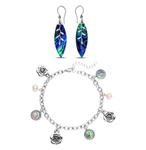 Abalone Shell Dangle Earrings and Freshwater Pearl Charm Anklet (9-11in) in Sterling Silver and Stainless Steel