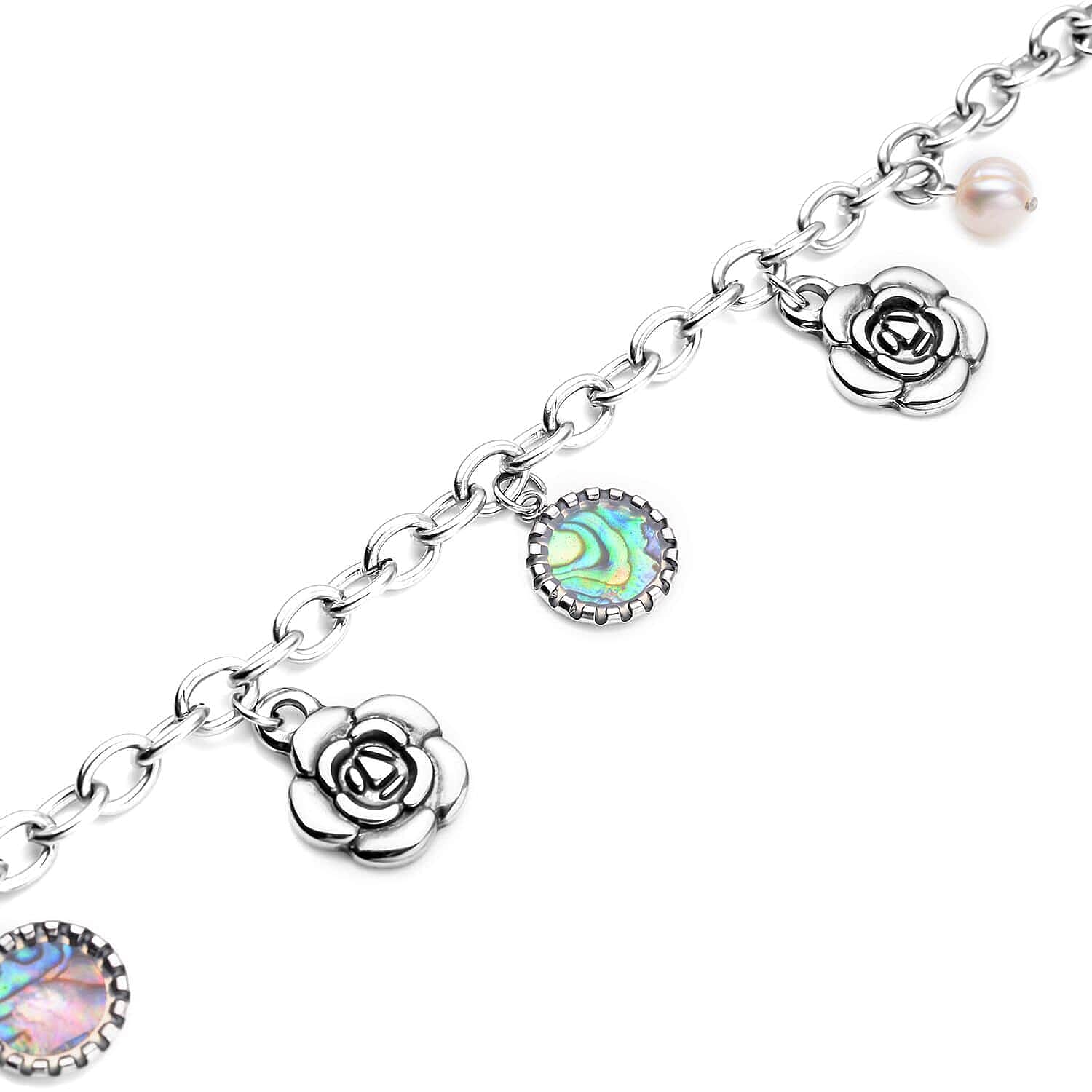 Abalone Shell Dangle Earrings and Freshwater Pearl Charm Anklet (9-11in) in Sterling Silver and Stainless Steel
