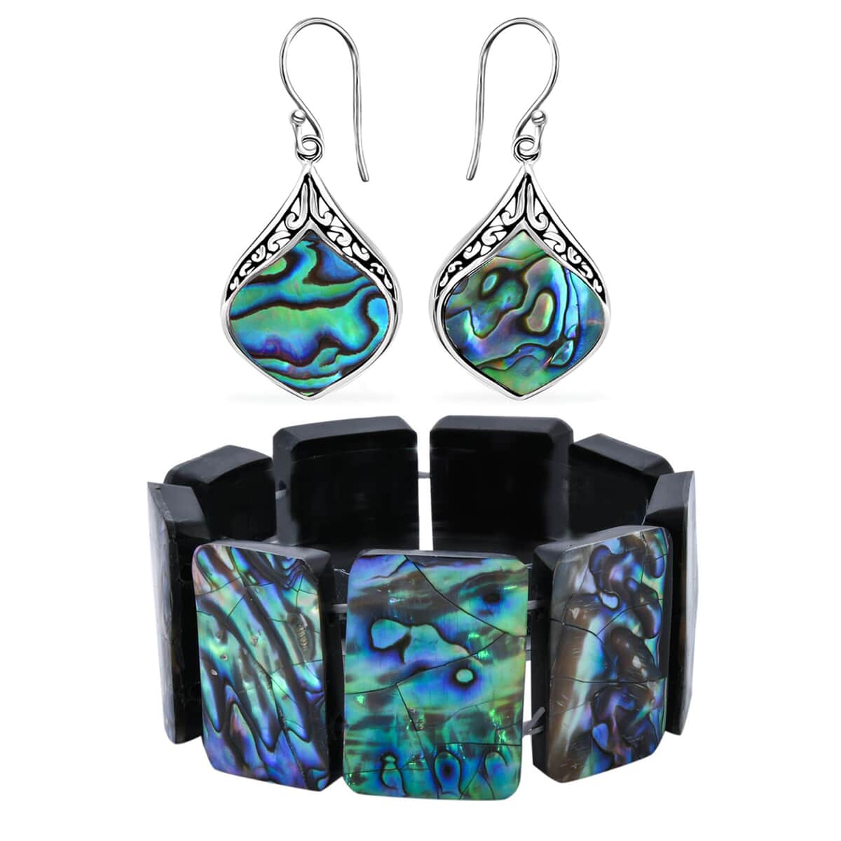 Abalone Shell Inlay, Resin Block Stretch Bracelet and Earrings in Sterling Silver image number 0