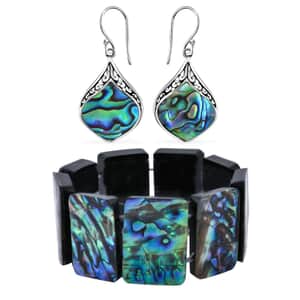 Abalone Shell Inlay, Resin Block Stretch Bracelet and Earrings in Sterling Silver