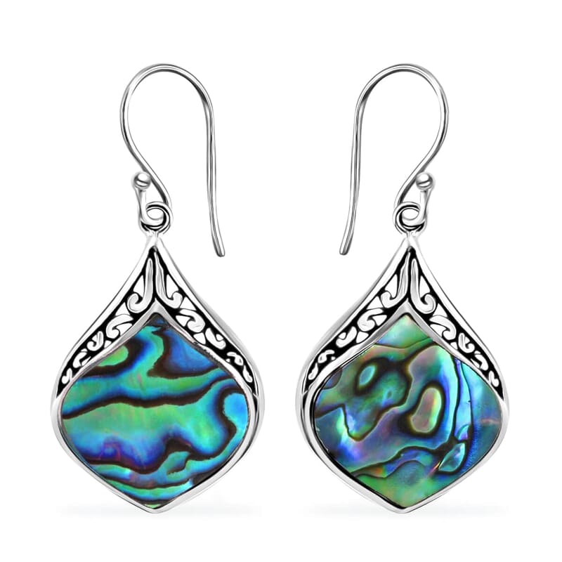 Abalone Shell Inlay, Resin Block Stretch Bracelet and Earrings in Sterling Silver