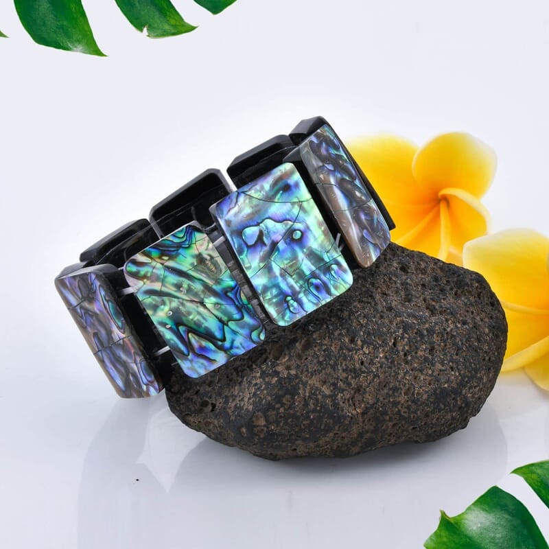 Abalone Shell Inlay, Resin Block Stretch Bracelet and Earrings in Sterling Silver