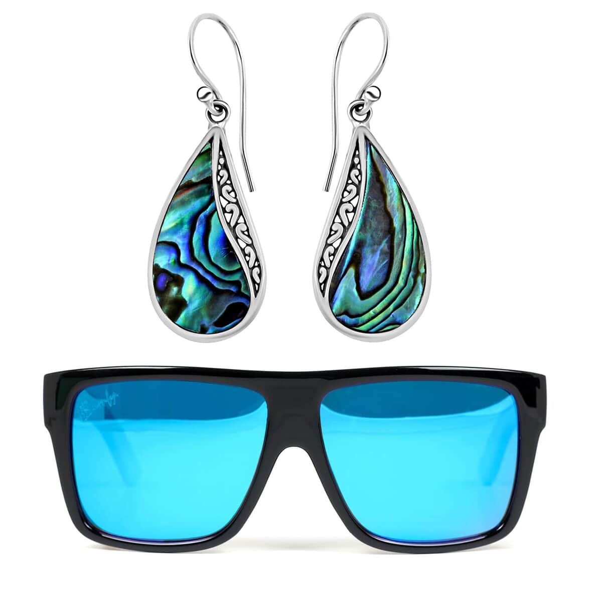 Bamfy Oakland UV400 Polarized Sunglasses with Bamboo Legs and Case -Blue and Abalone Shell Drop Earrings in Sterling Silver image number 0