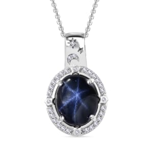 Blue Star Sapphire (DF) and Moissanite 6.90 ctw Celestial Pendant Necklace in Rhodium Over Sterling Silver 20 Inches