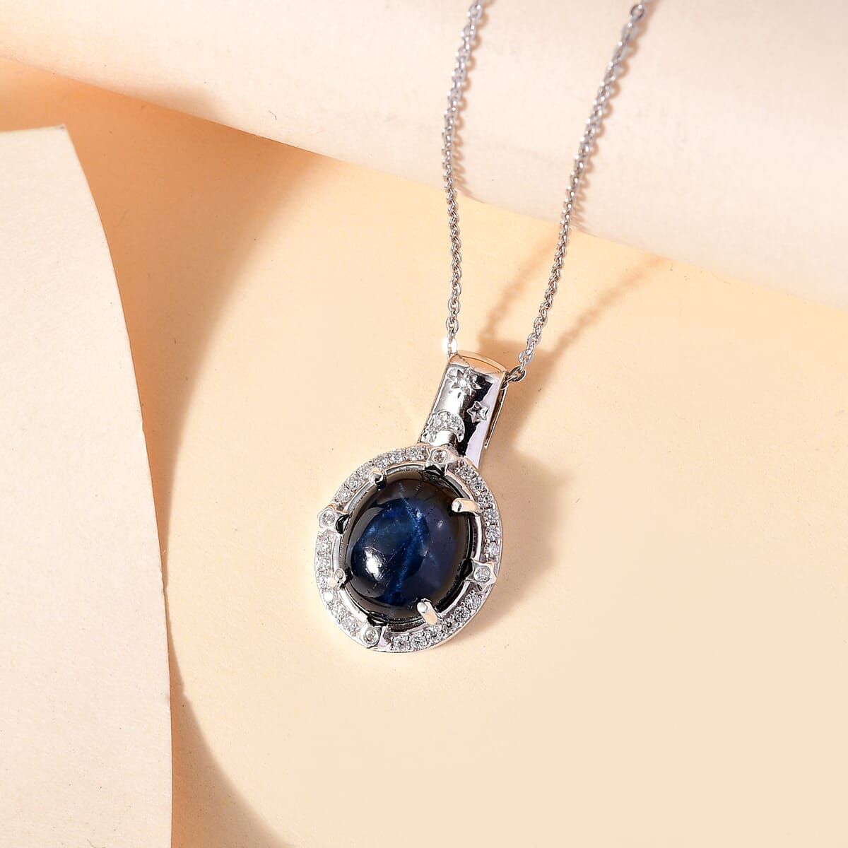 Blue Star Sapphire (DF) and Moissanite 6.90 ctw Celestial Pendant Necklace in Rhodium Over Sterling Silver 20 Inches image number 1